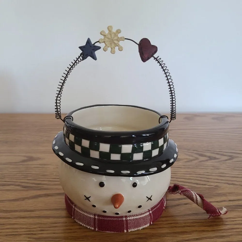 Vintage Wood-Look Snowman Figurine & Ceramic Snowman Bucket Pail Snowman Lot